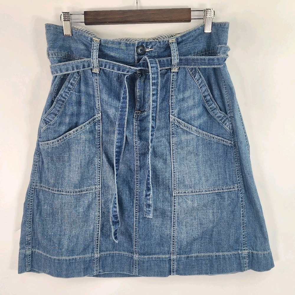 Gap Blue Denim Skirt Womens 30 Vintage Wash Paper Bag Tie Waist Pockets